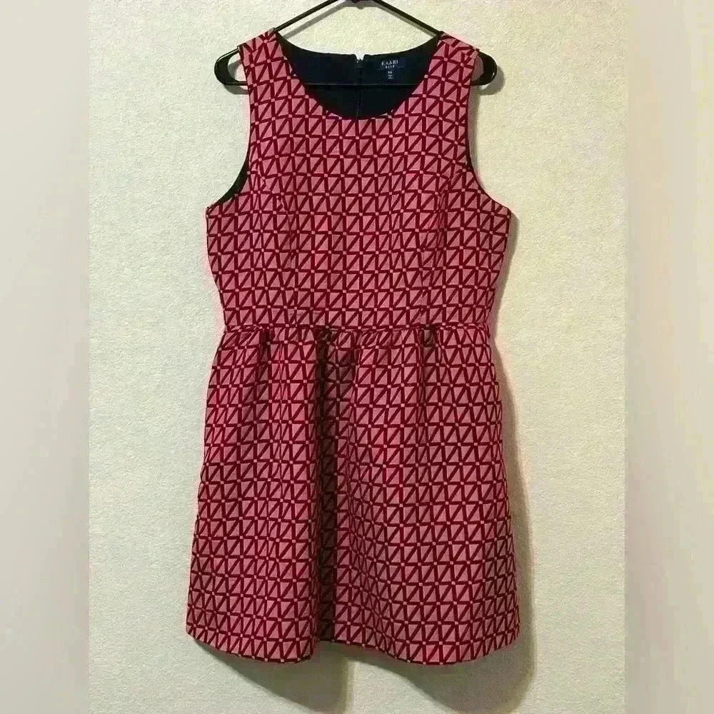 Kaari Blue Pink & Black Geometric Jacquard Sleeveless Fit & Flare Dress Punk 12